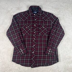Wrangler Burgundy Plaid Flannel Jacket Snap Button Shirt Size Large